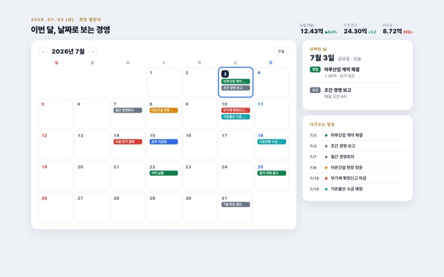 경영 캘린더 대시보드 — 달력 중심 대시보드 화면