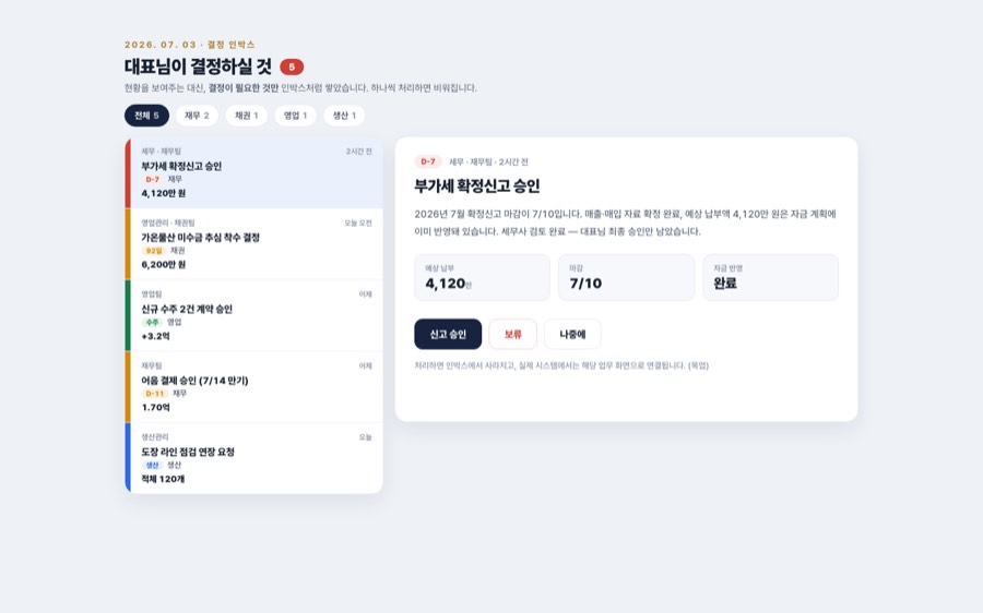 결정 인박스 — 대표는 결정만 대시보드 화면