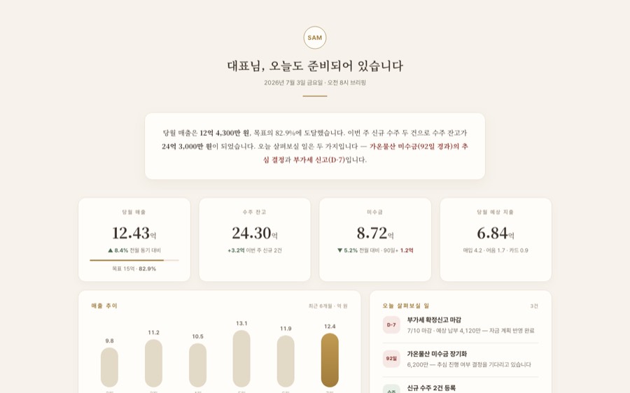 Warm Concierge — 웜 프리미엄 대시보드 화면