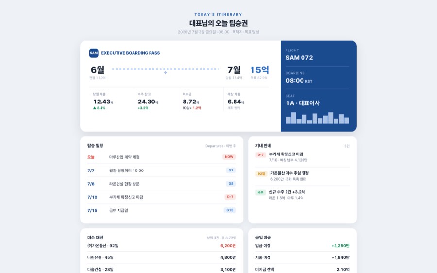 Boarding Pass — 오늘의 탑승권 대시보드 화면